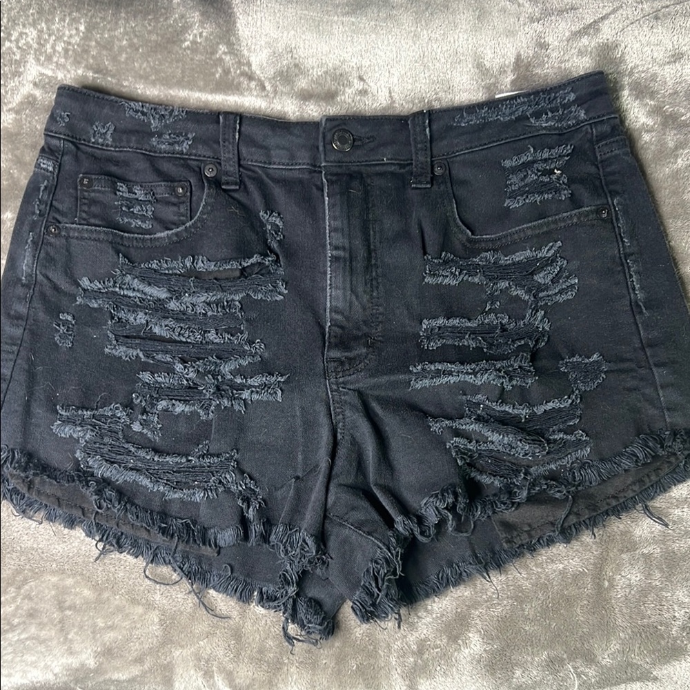 Distressed Black Denim Shorts